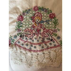 Vintage Embroidered Pillowcases Crinoline Lady Crochet Lace Pair Cottage